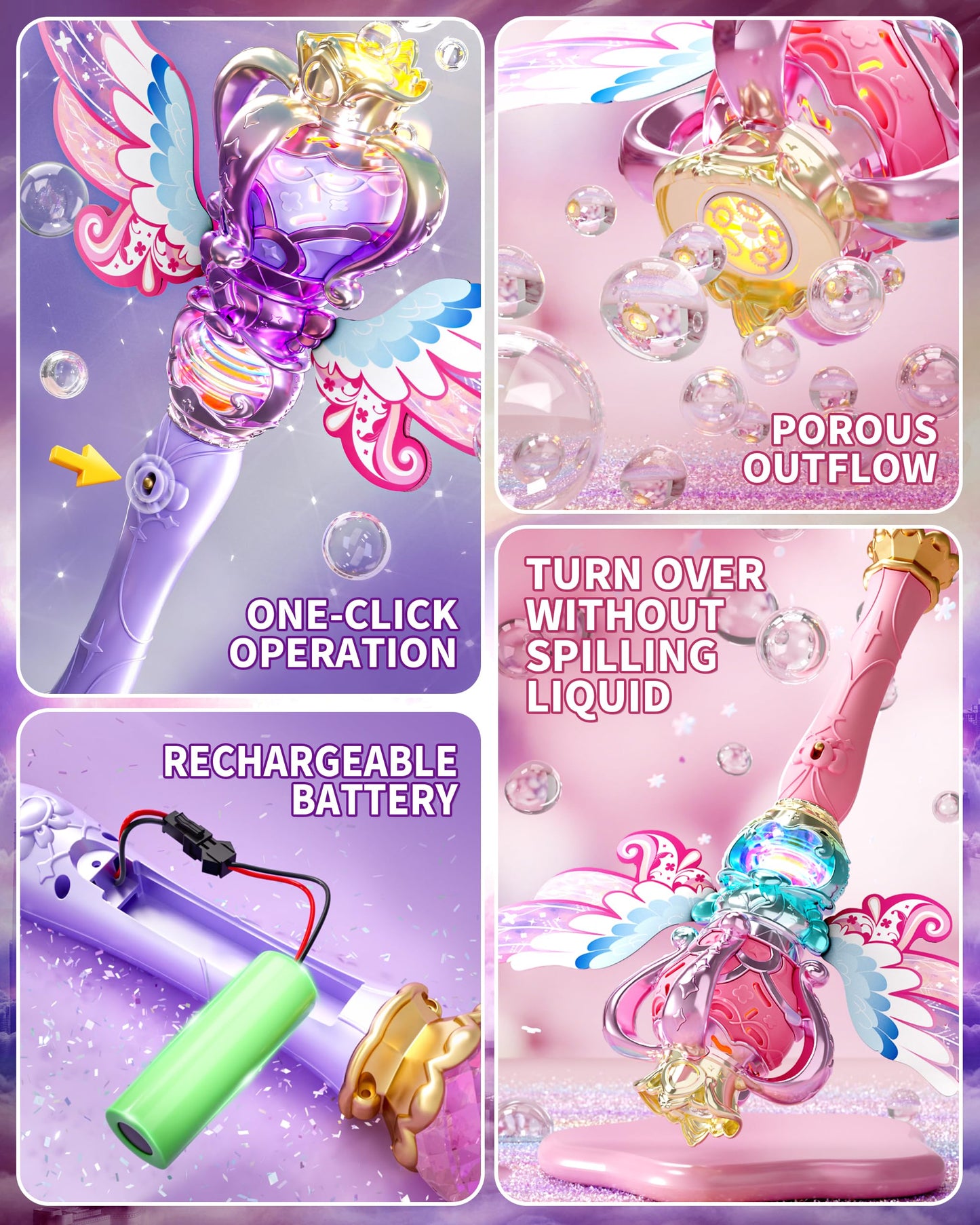 Uregoio 2 Pack Princess Bubble Wands Machine – Outdoor & Indoor Bubble Maker for Kids 4-8, Rechargeable Lights & Music (Pink & Purple)