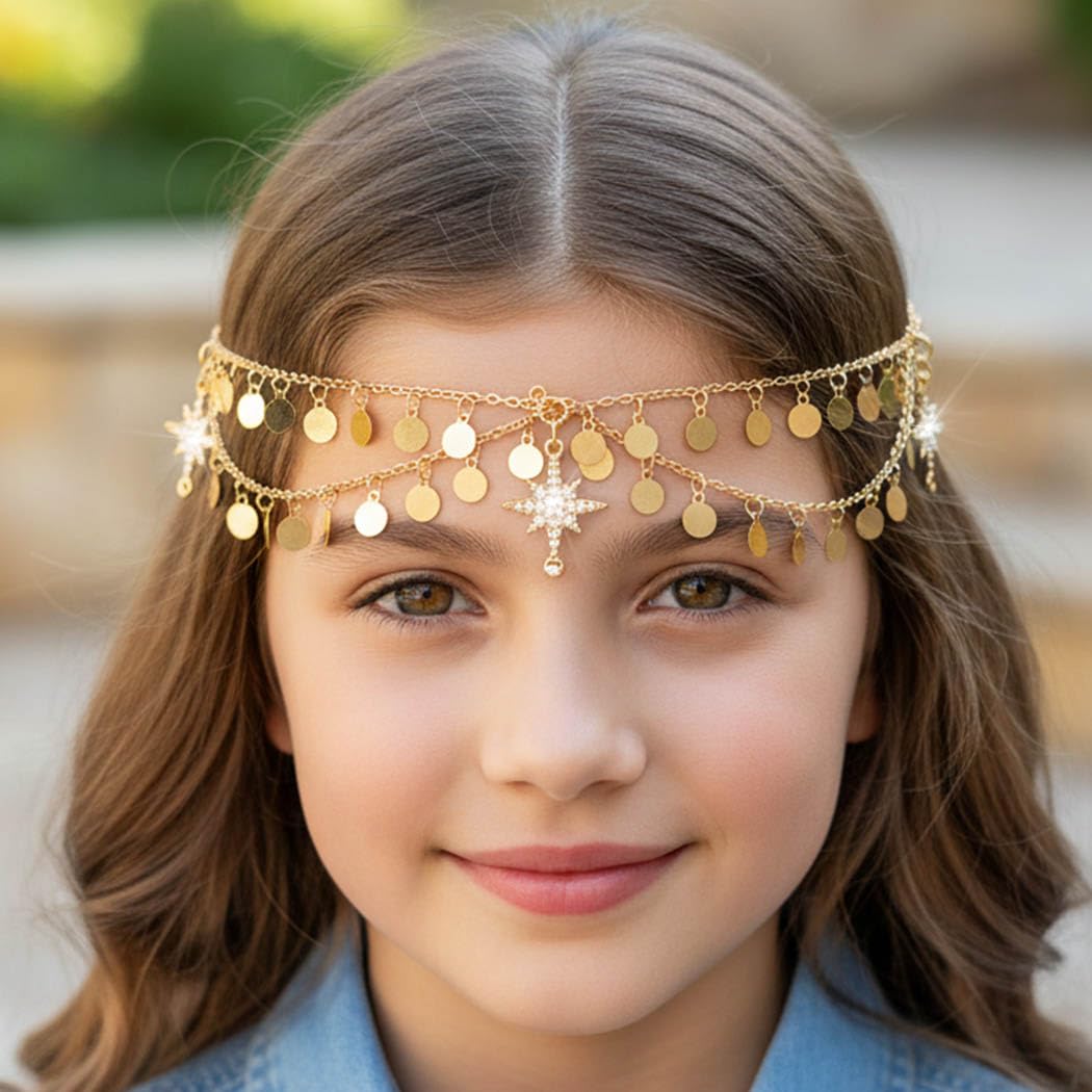 Urieo Gold Sequin Head Chain – Star Halo Rhinestone Hair Accessory