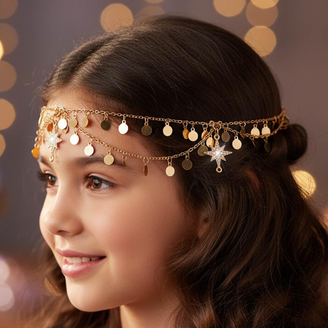 Urieo Gold Sequin Head Chain – Star Halo Rhinestone Hair Accessory