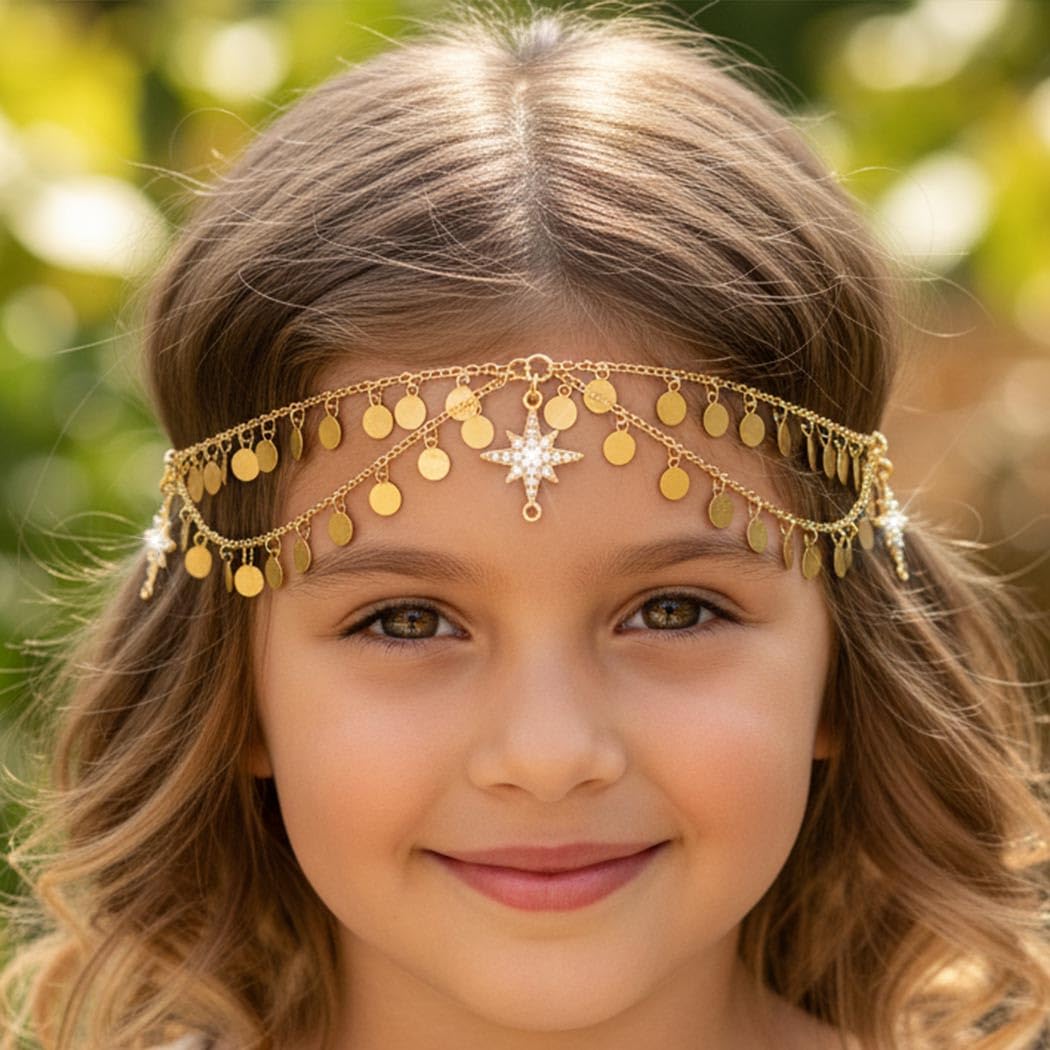 Urieo Gold Sequin Head Chain – Star Halo Rhinestone Hair Accessory