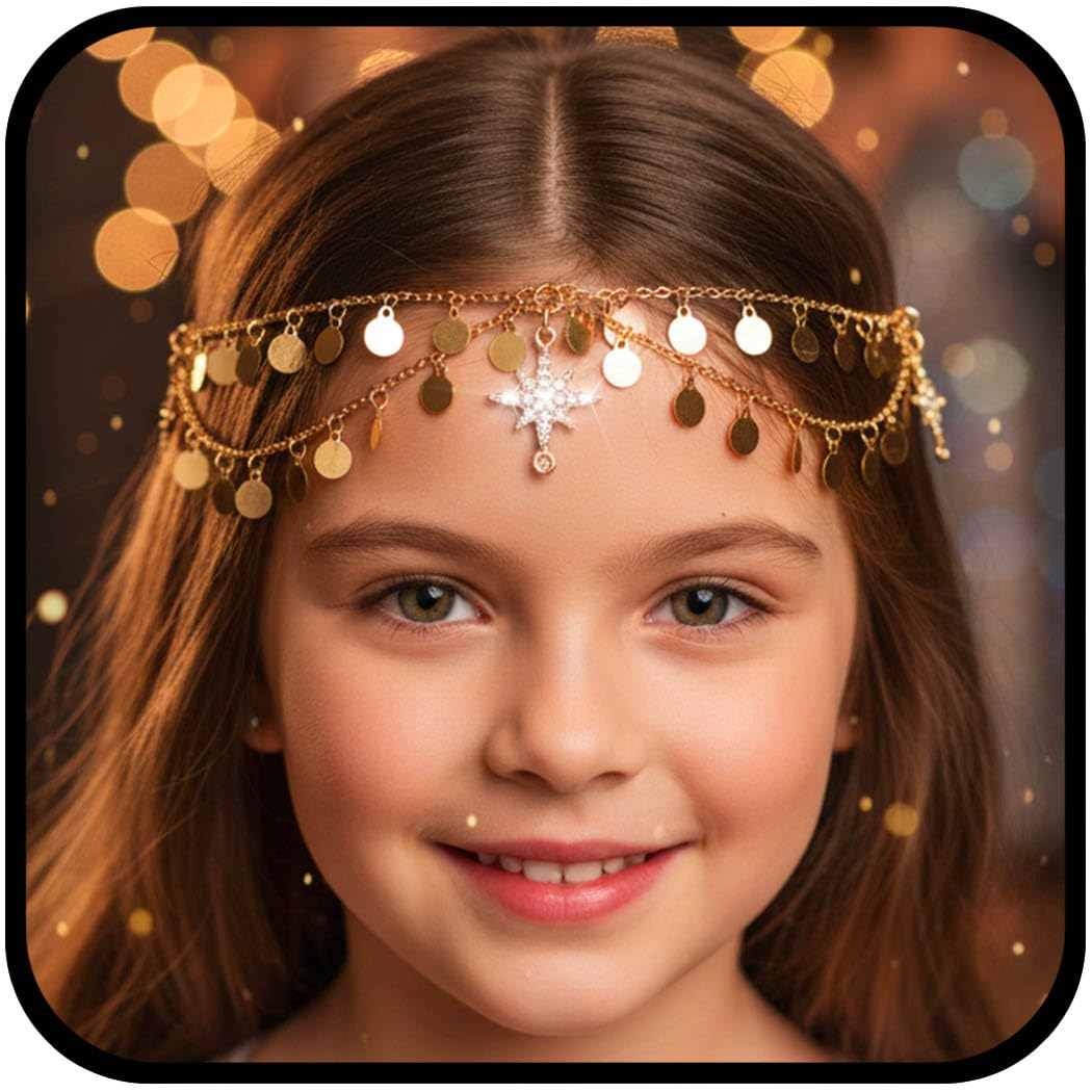 Urieo Gold Sequin Head Chain – Star Halo Rhinestone Hair Accessory