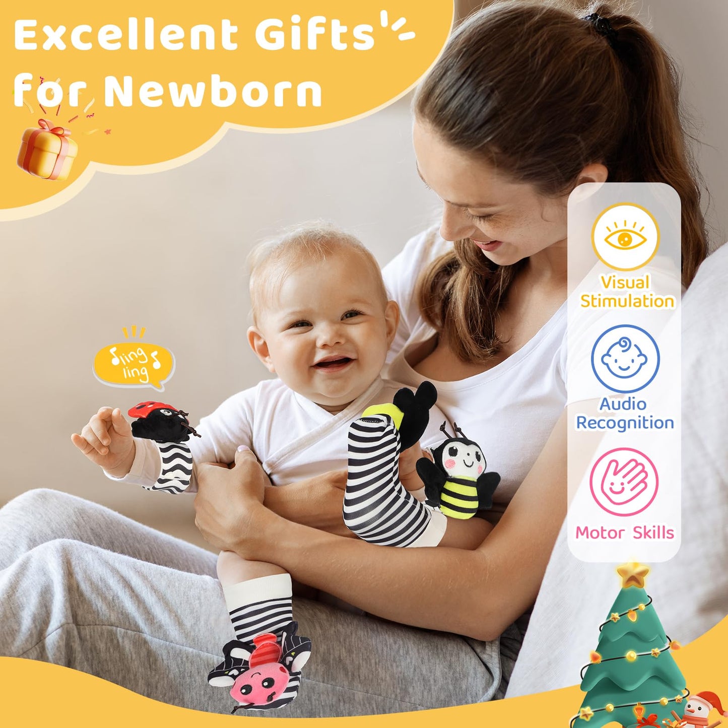 URMYWO Wrist Rattles for Baby – High-Contrast Rattle Socks & Foot Finder (0–12 Months)