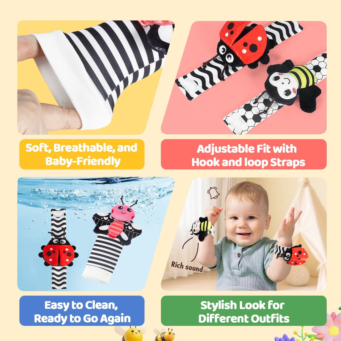 URMYWO Wrist Rattles for Baby – High-Contrast Rattle Socks & Foot Finder (0–12 Months)