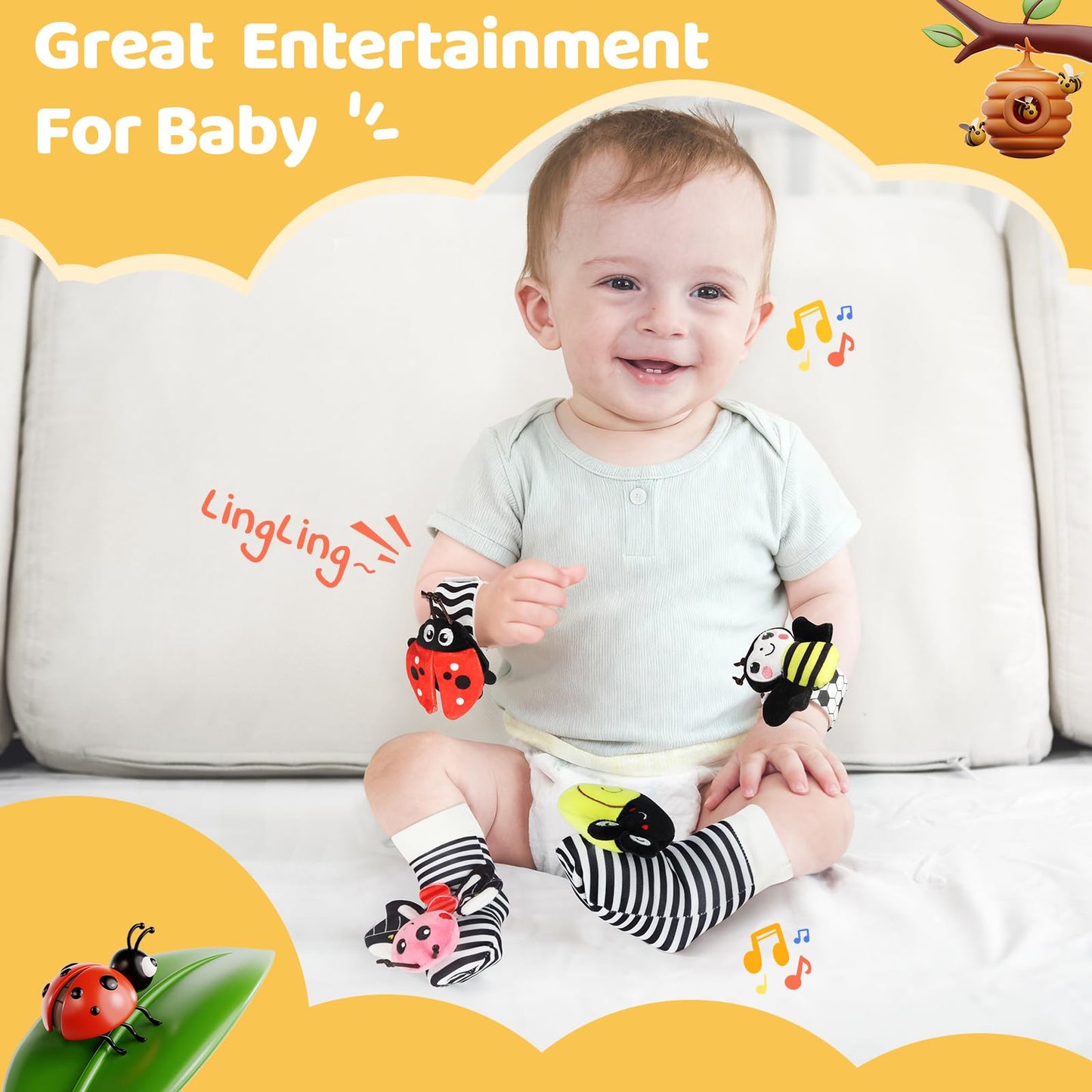 URMYWO Wrist Rattles for Baby – High-Contrast Rattle Socks & Foot Finder (0–12 Months)