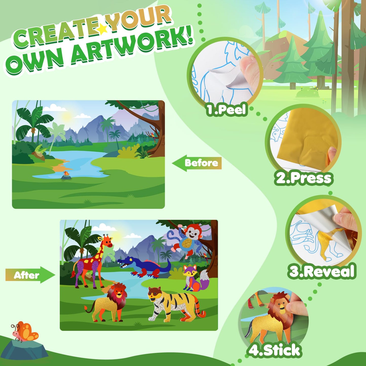 URMYWO Fun Foil Art Craft Kits for Kids 4-8 – Dinosaur & Space Sticker Coloring