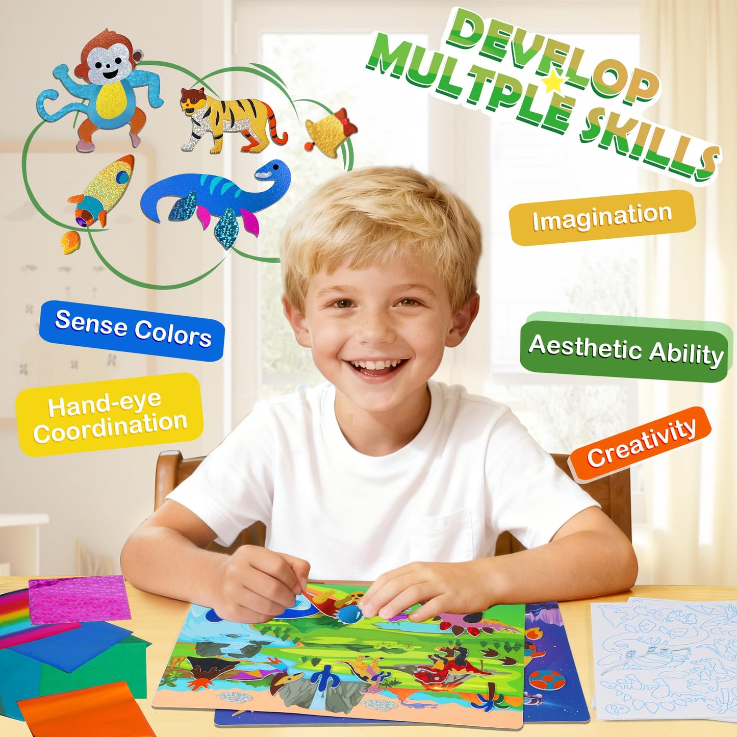 URMYWO Fun Foil Art Craft Kits for Kids 4-8 – Dinosaur & Space Sticker Coloring