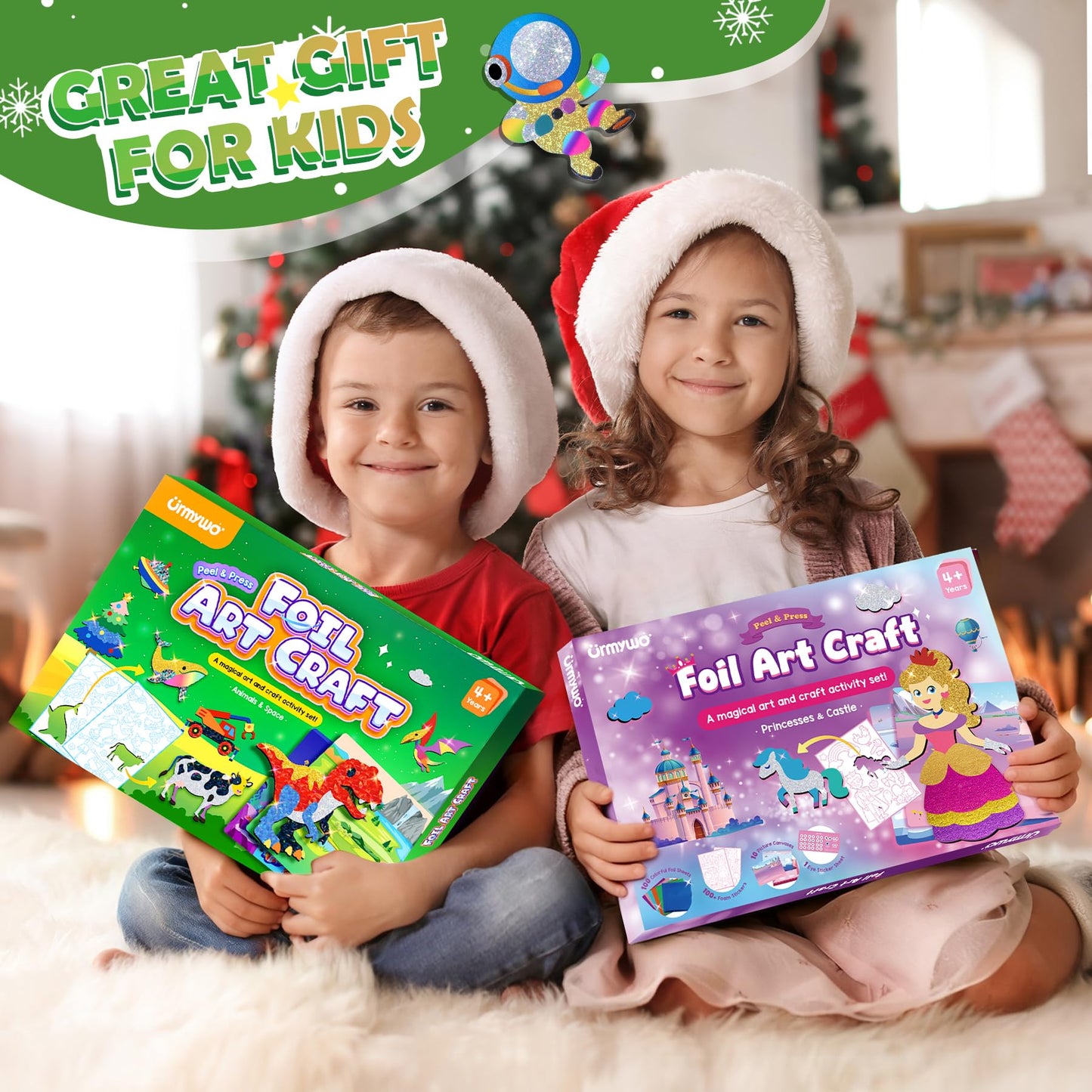 URMYWO Fun Foil Art Craft Kits for Kids 4-8 – Dinosaur & Space Sticker Coloring