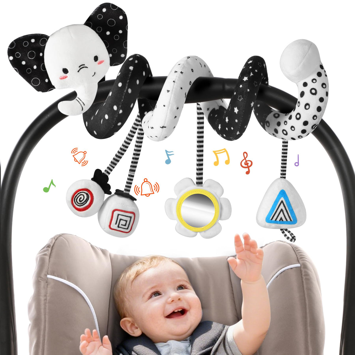 URMYWO Spiral Car Seat Toy for Babies 0-6 Months | High-Contrast Black & White
