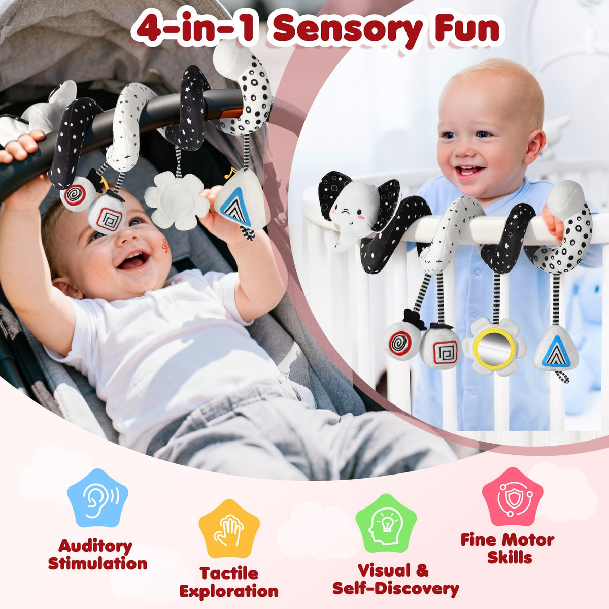 URMYWO Spiral Car Seat Toy for Babies 0-6 Months | High-Contrast Black & White
