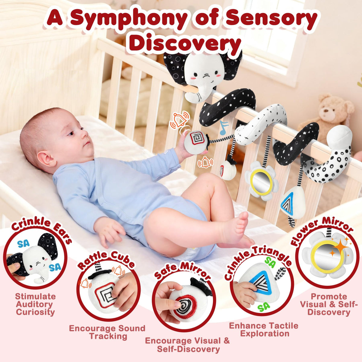 URMYWO Spiral Car Seat Toy for Babies 0-6 Months | High-Contrast Black & White