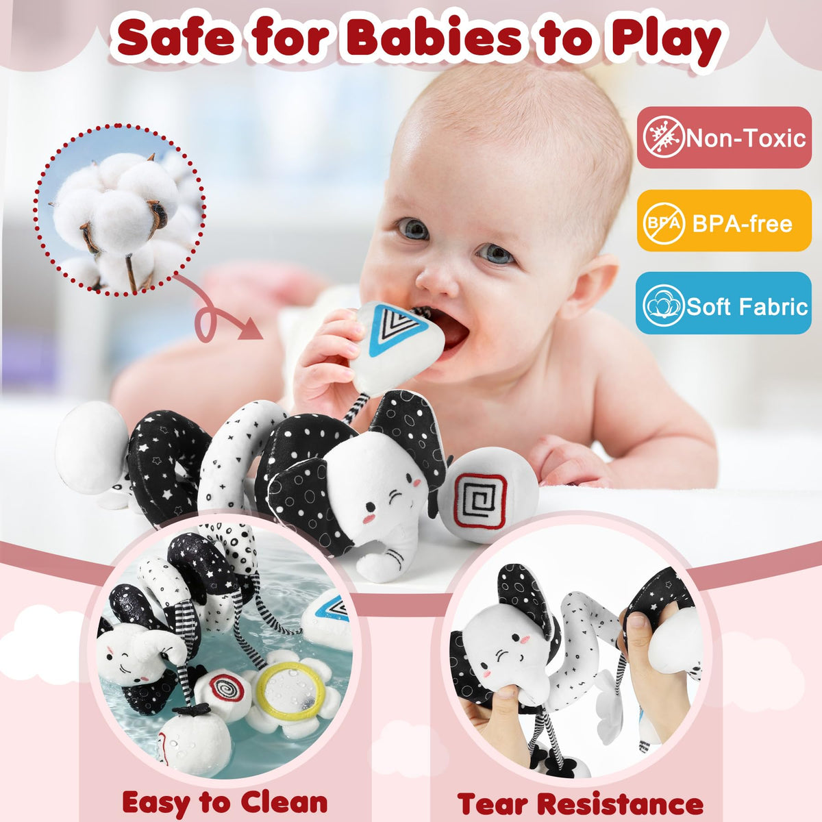 URMYWO Spiral Car Seat Toy for Babies 0-6 Months | High-Contrast Black & White