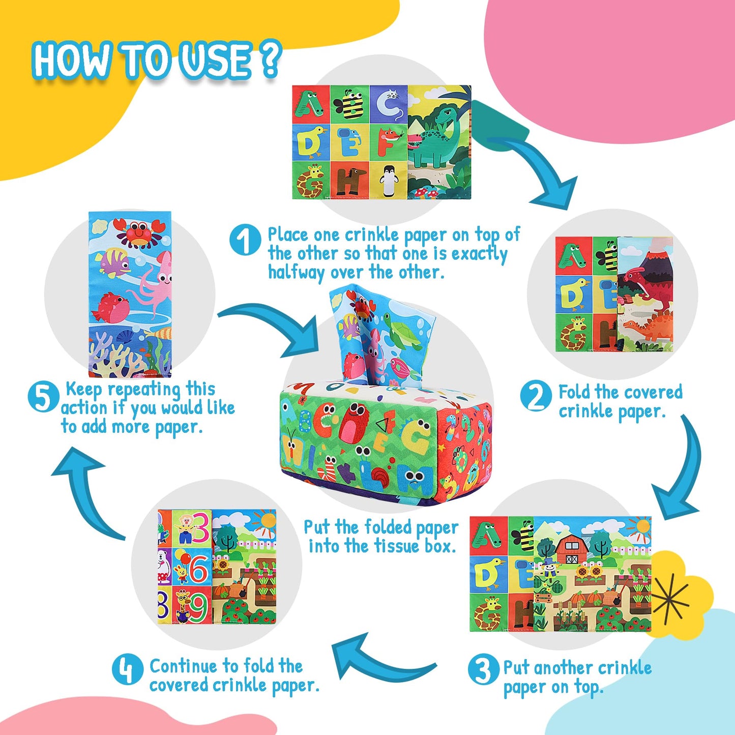 URMYWO Baby Tissue Box Toy – Montessori Play for 6-12 Months | Soft Crinkle Sensory Toy