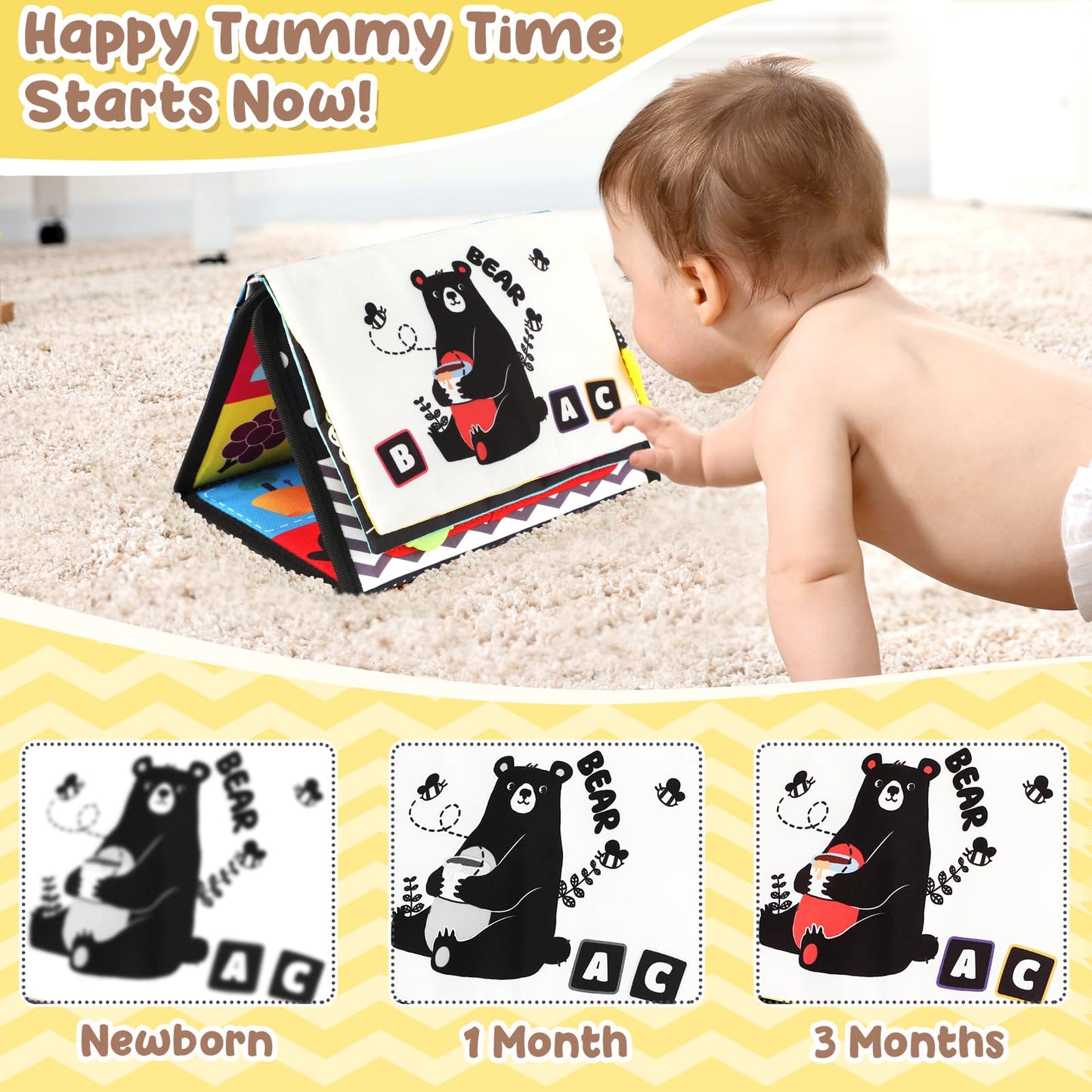 URMYWO Tummy Time Toys – Black & White High-Contrast Baby Toy with Mirror & Crinkle Paper