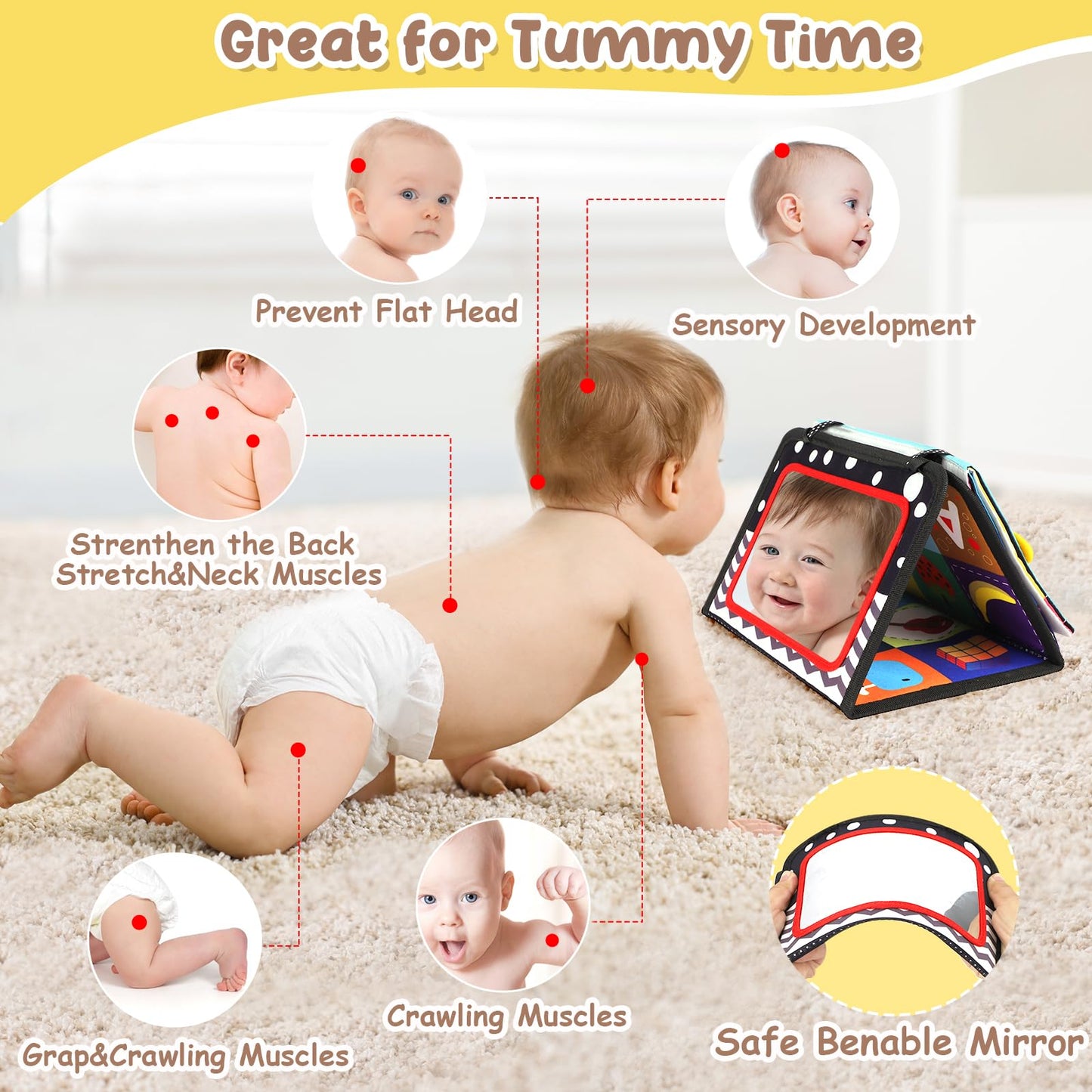 URMYWO Tummy Time Toys – Black & White High-Contrast Baby Toy with Mirror & Crinkle Paper