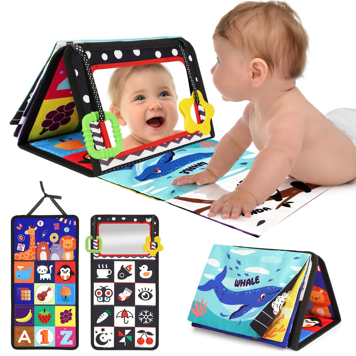 URMYWO Tummy Time Toys – Black & White High-Contrast Baby Toy with Mirror & Crinkle Paper