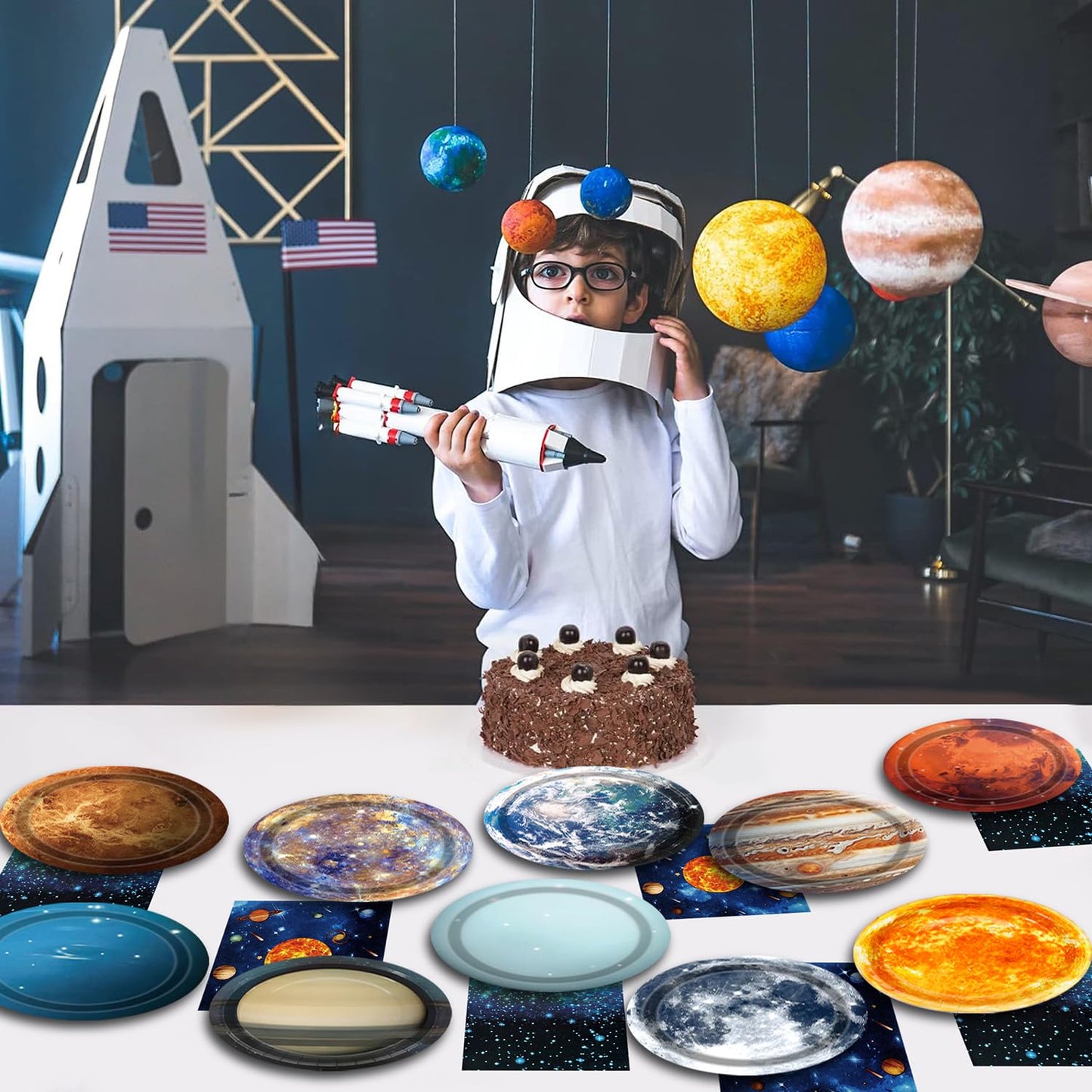 UROINEPA Space Theme Party Decorations – 100 Pcs Galaxy Plates & Napkins for Kids' Space Birthday