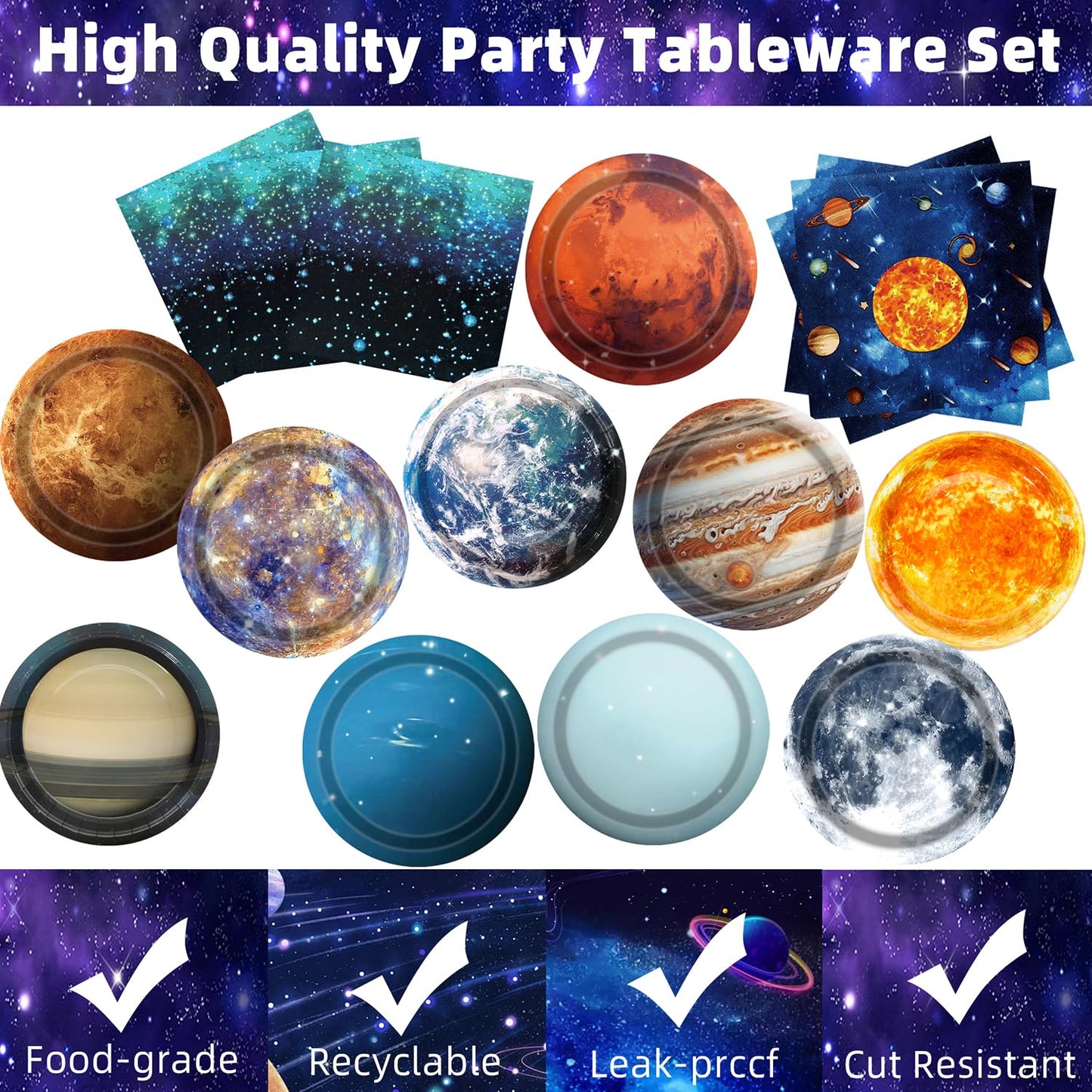 UROINEPA Space Theme Party Decorations – 100 Pcs Galaxy Plates & Napkins for Kids' Space Birthday