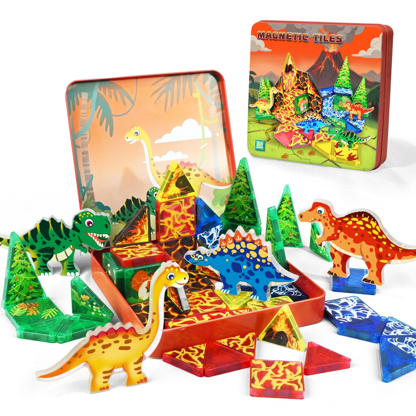URRLUNA 48pcs Mini Magnetic Tiles Dinosaur Travel Set – Portable STEM Building Blocks for Kids