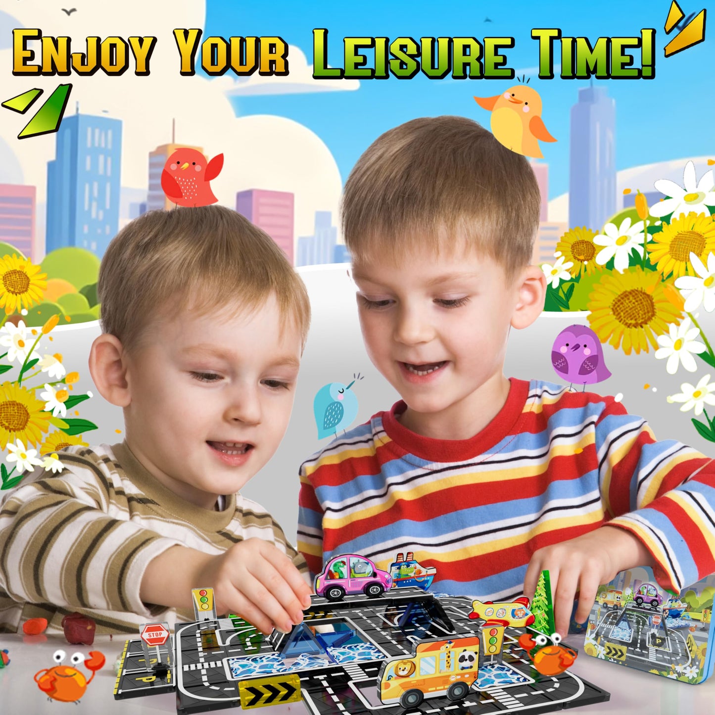 URRLUNA Mini Magnetic Tiles Road Travel Set – Portable STEM Building Toys for Kids