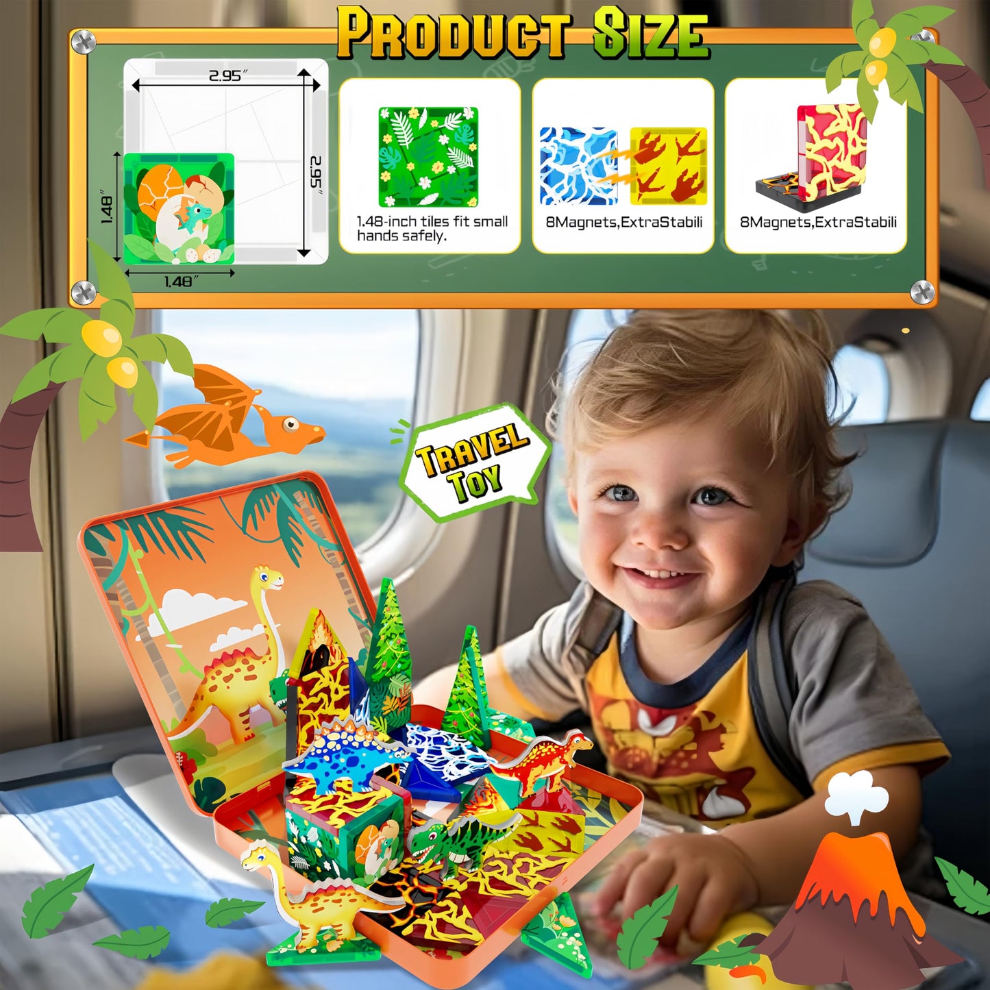 URRLUNA 48pcs Mini Magnetic Tiles Dinosaur Travel Set – Portable STEM Building Blocks for Kids