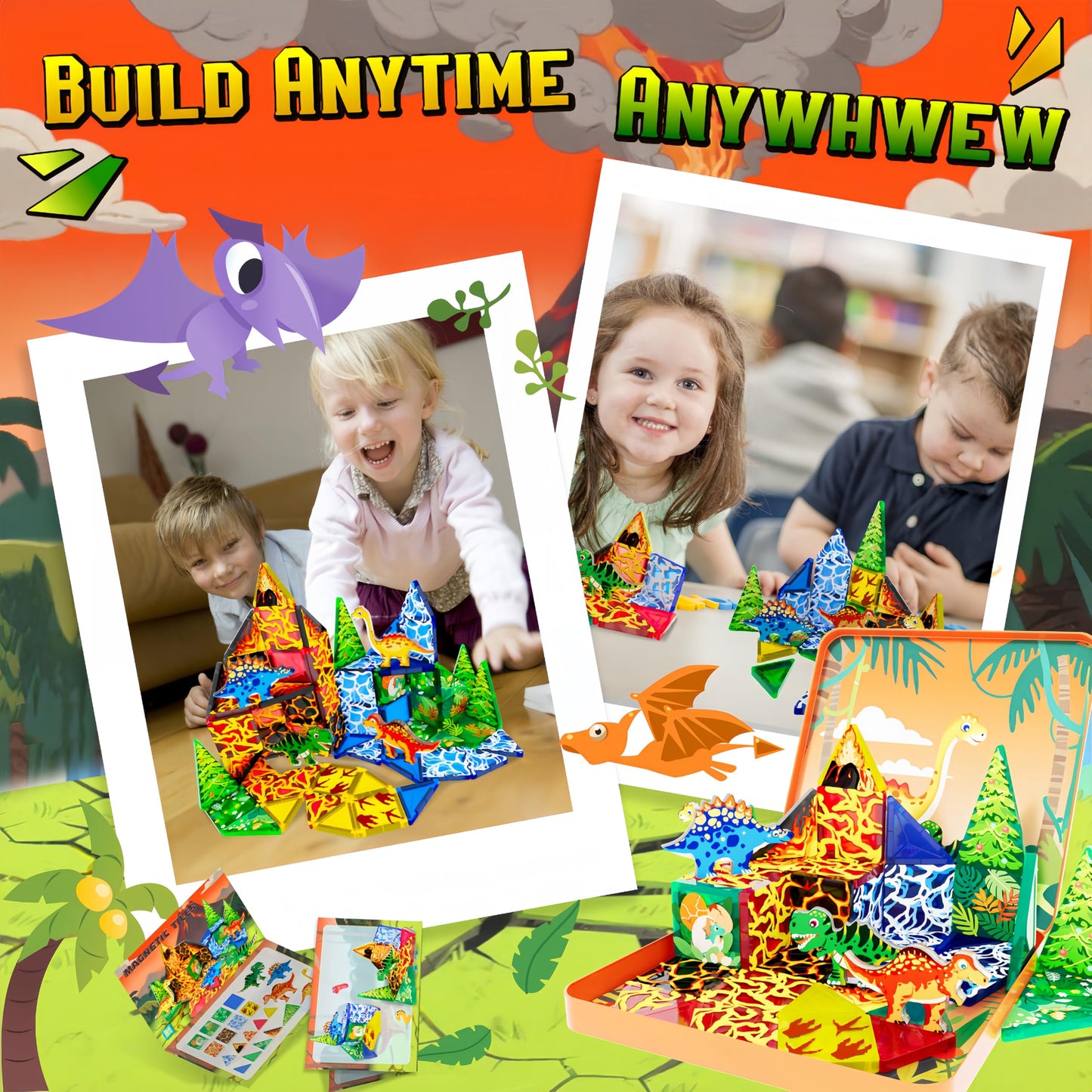 URRLUNA 48pcs Mini Magnetic Tiles Dinosaur Travel Set – Portable STEM Building Blocks for Kids