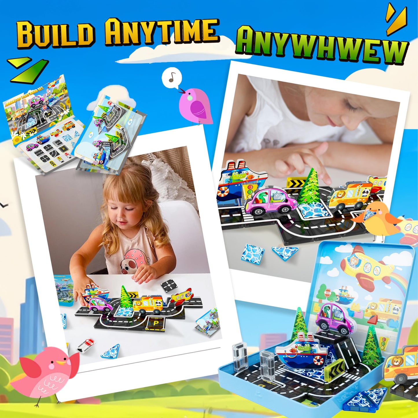 URRLUNA Mini Magnetic Tiles Road Travel Set – Portable STEM Building Toys for Kids