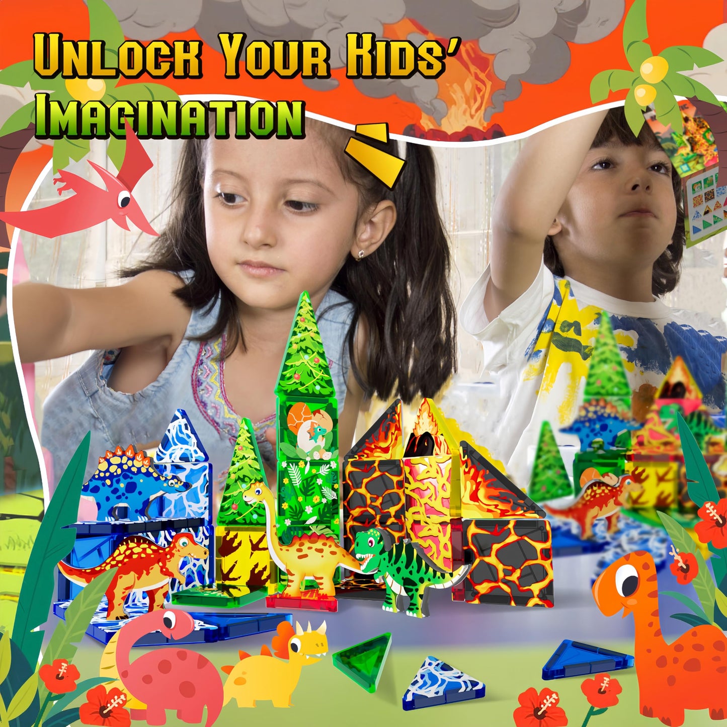 URRLUNA 48pcs Mini Magnetic Tiles Dinosaur Travel Set – Portable STEM Building Blocks for Kids