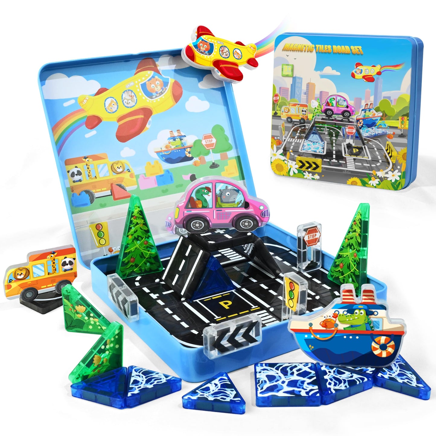 URRLUNA Mini Magnetic Tiles Road Travel Set – Portable STEM Building Toys for Kids