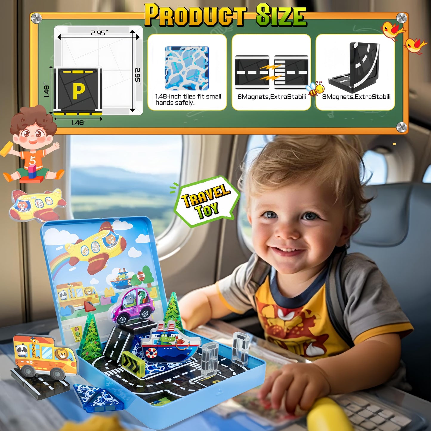 URRLUNA Mini Magnetic Tiles Road Travel Set – Portable STEM Building Toys for Kids
