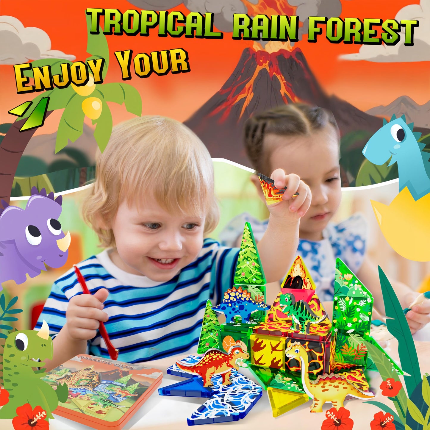 URRLUNA 48pcs Mini Magnetic Tiles Dinosaur Travel Set – Portable STEM Building Blocks for Kids