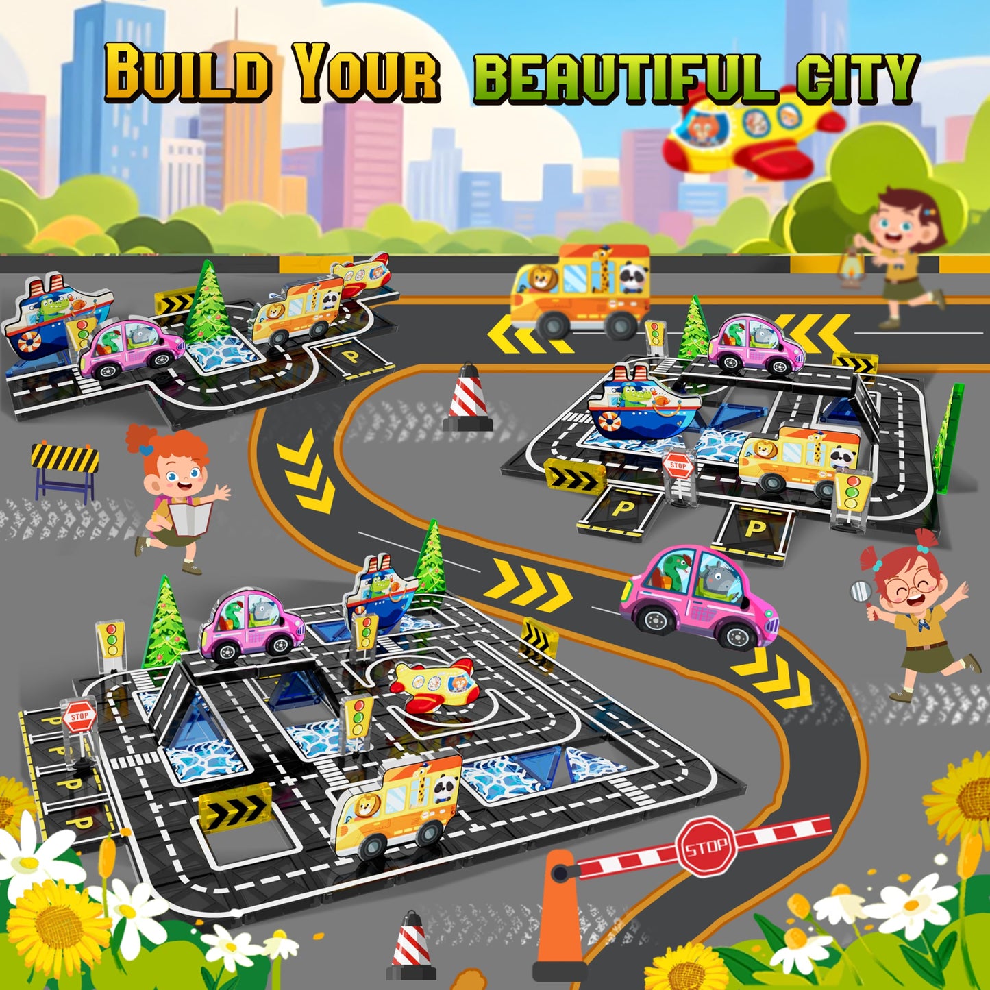 URRLUNA Mini Magnetic Tiles Road Travel Set – Portable STEM Building Toys for Kids