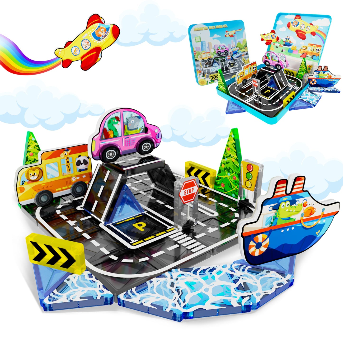 URRLUNA Mini Magnetic Tiles Road Travel Set – Portable STEM Building Toys for Kids