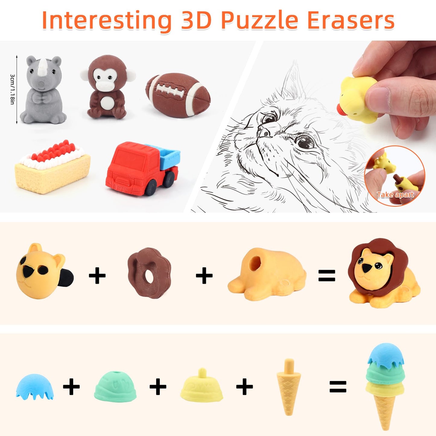 URSKYTOUS 120Pcs Animal Erasers Bulk – 3D Take-Apart Desk Pets for Kids