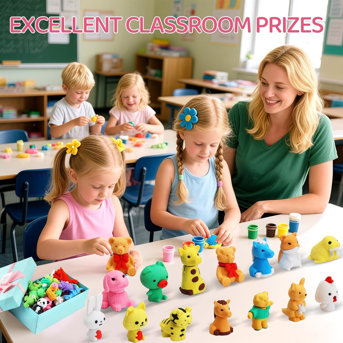 URSKYTOUS 91Pcs Animal Erasers Puzzle Set | Colorful Desk Pets for Classroom Prizes & Party Favors