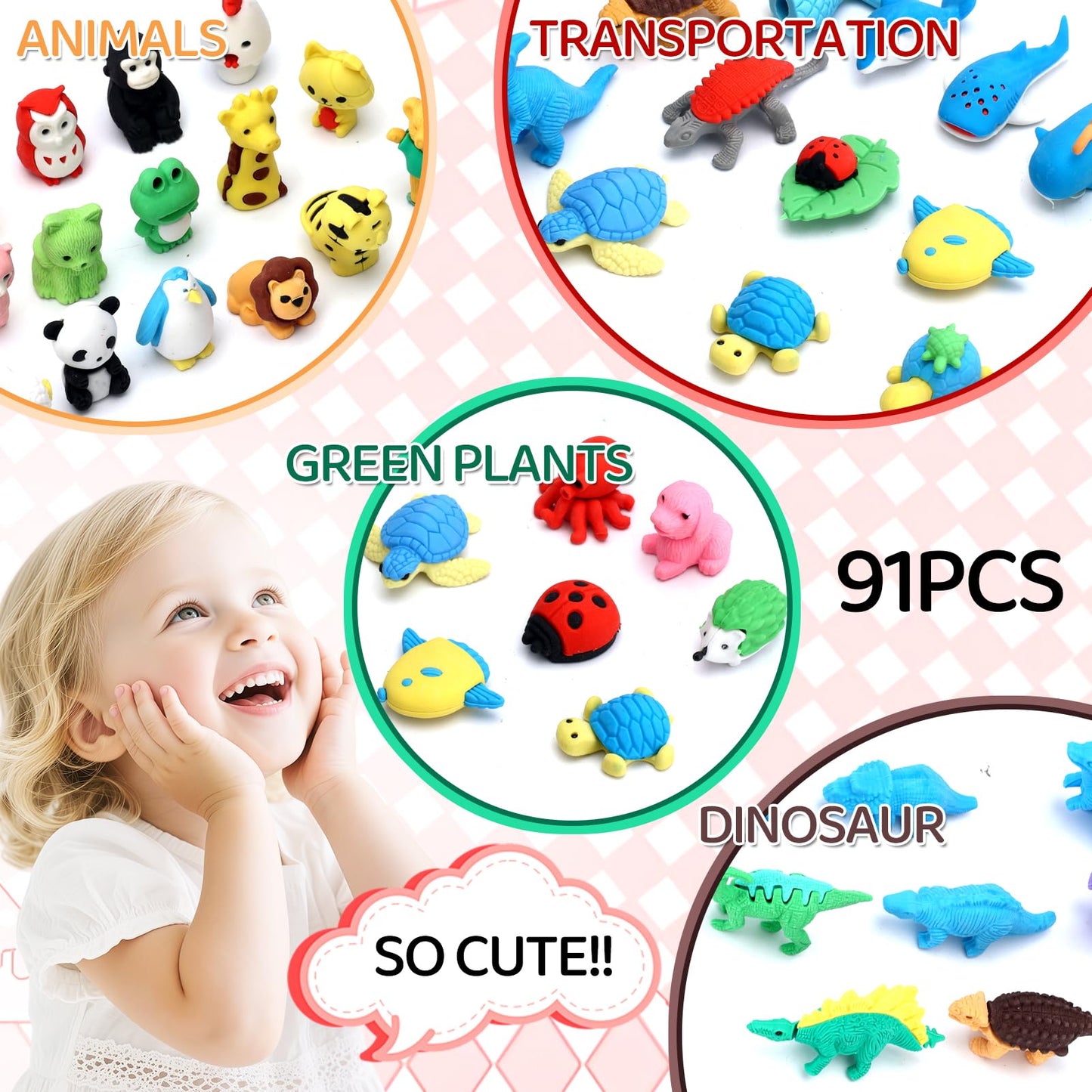 URSKYTOUS 91Pcs Animal Erasers Puzzle Set | Colorful Desk Pets for Classroom Prizes & Party Favors