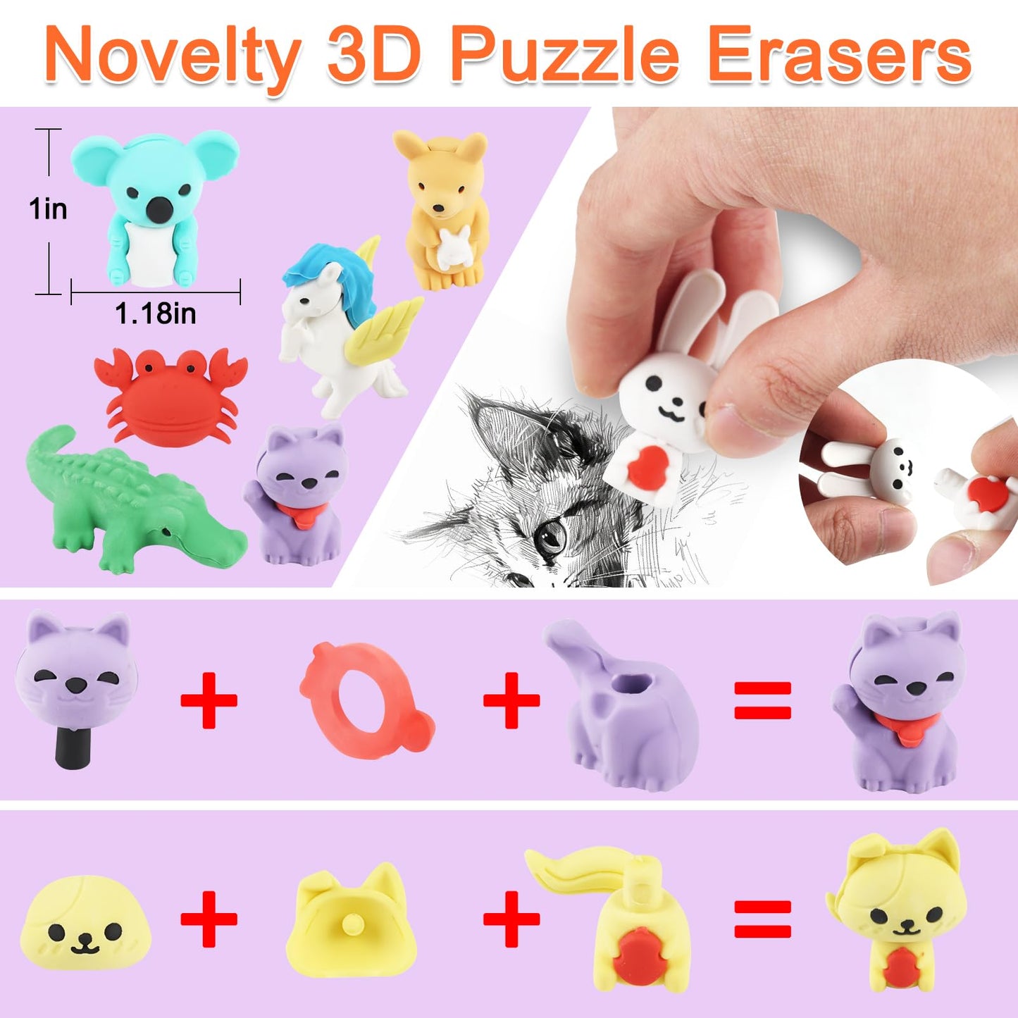 URSKYTOUS 80Pcs Animal Erasers – 3D Puzzle Pencil Erasers for Classrooms