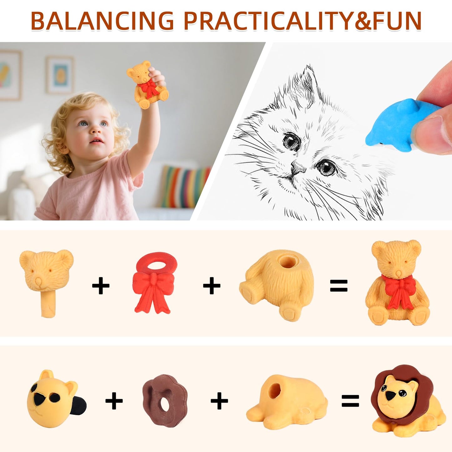 URSKYTOUS 90Pcs Animal Erasers – Take-Apart 3D Puzzle Desk Pets for Kids