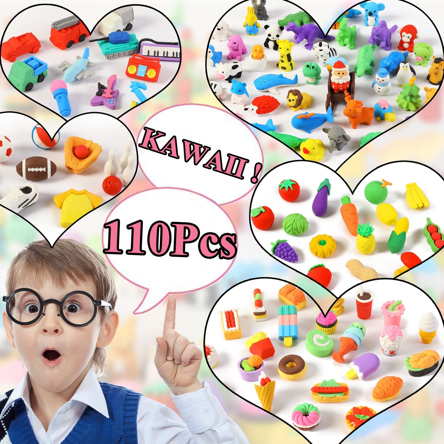 URSKYTOUS 110Pcs Animal Erasers – 3D Puzzle Pencil Erasers for Classrooms