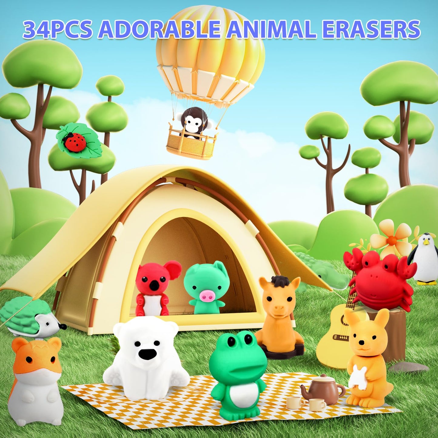 URSKYTOUS 34Pcs Animal Erasers Bulk | Puzzle 3D Take-Apart Desk Pets for Kids