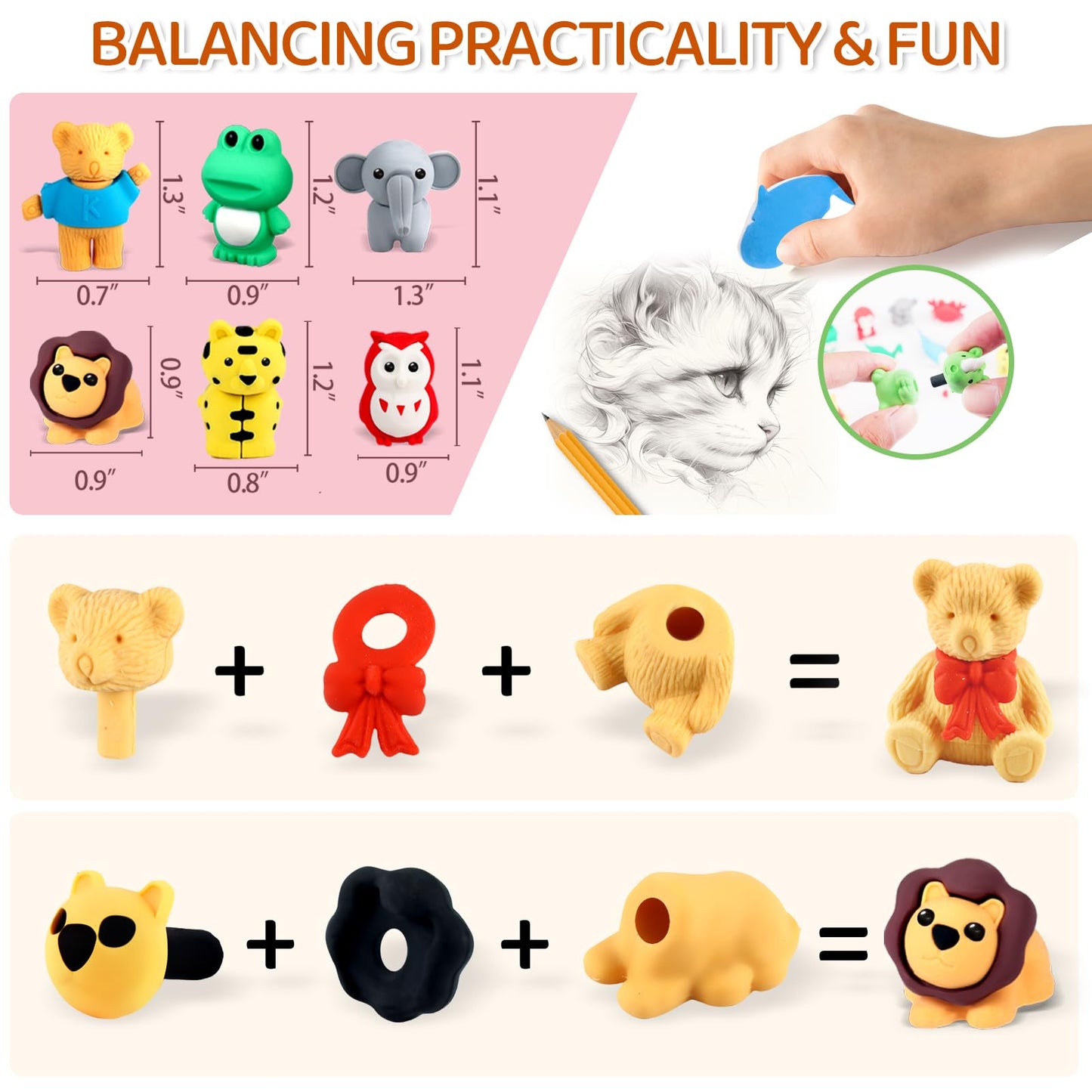URSKYTOUS 60Pcs Animal Erasers – 3D Puzzle Pencil Erasers for Kids, Classroom Rewards & Party Favors