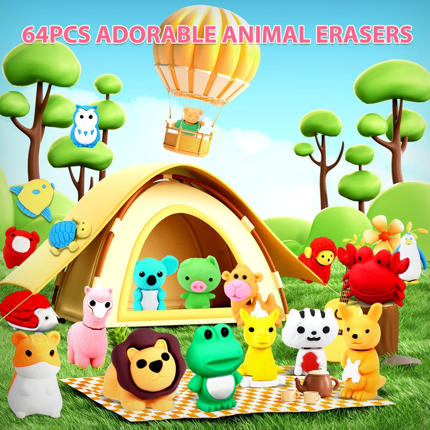 URSKYTOUS 64-Pcs Animal Erasers – 3D Puzzle Desk Pets for Kids