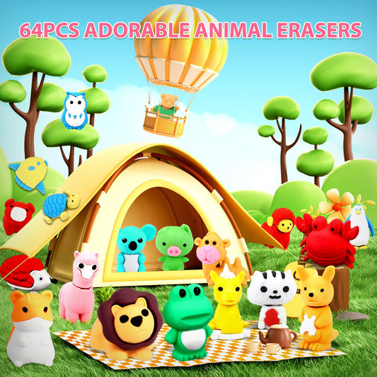 URSKYTOUS 64-Pcs Animal Erasers – 3D Puzzle Desk Pets for Kids