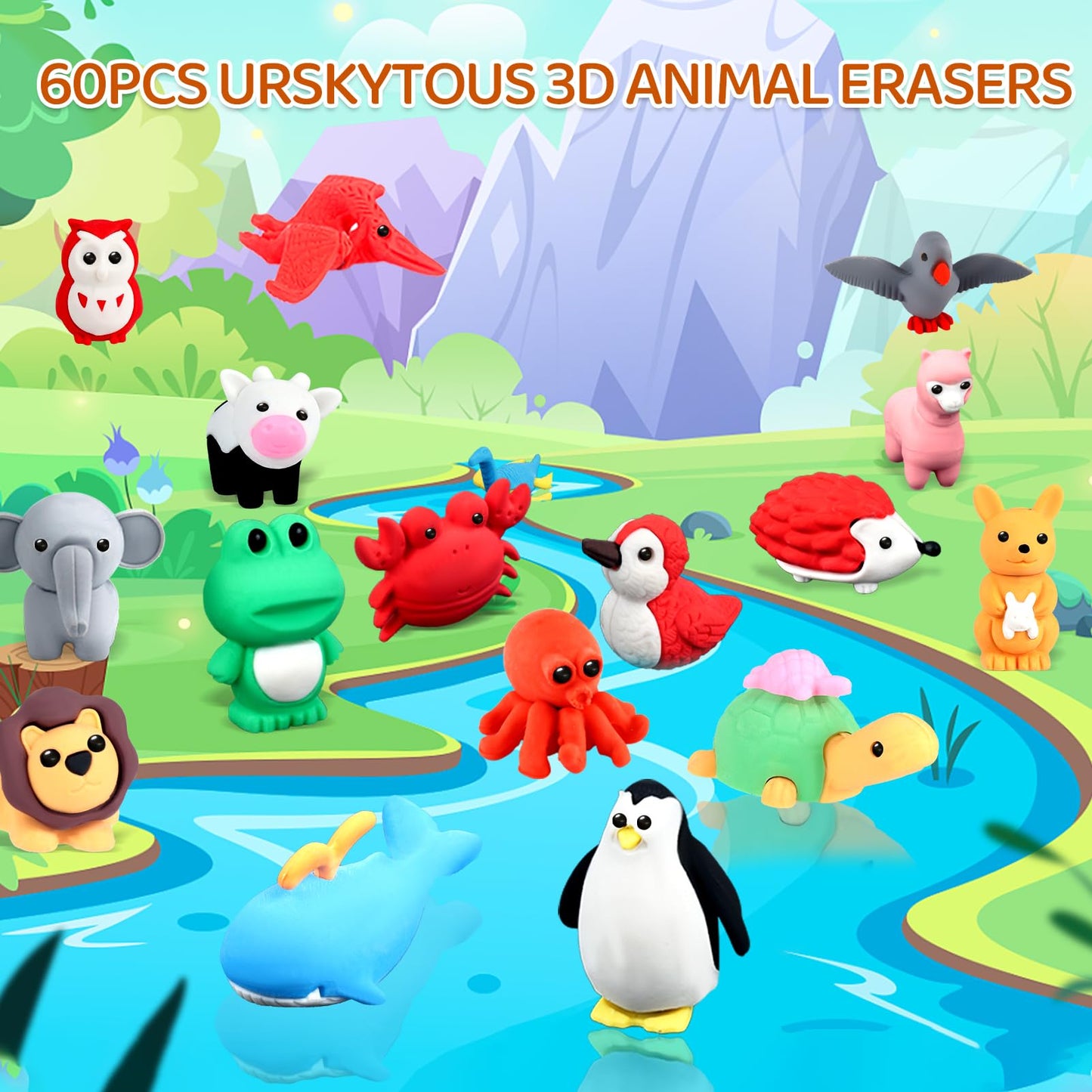 URSKYTOUS 60Pcs Animal Erasers – 3D Puzzle Pencil Erasers for Kids, Classroom Rewards & Party Favors