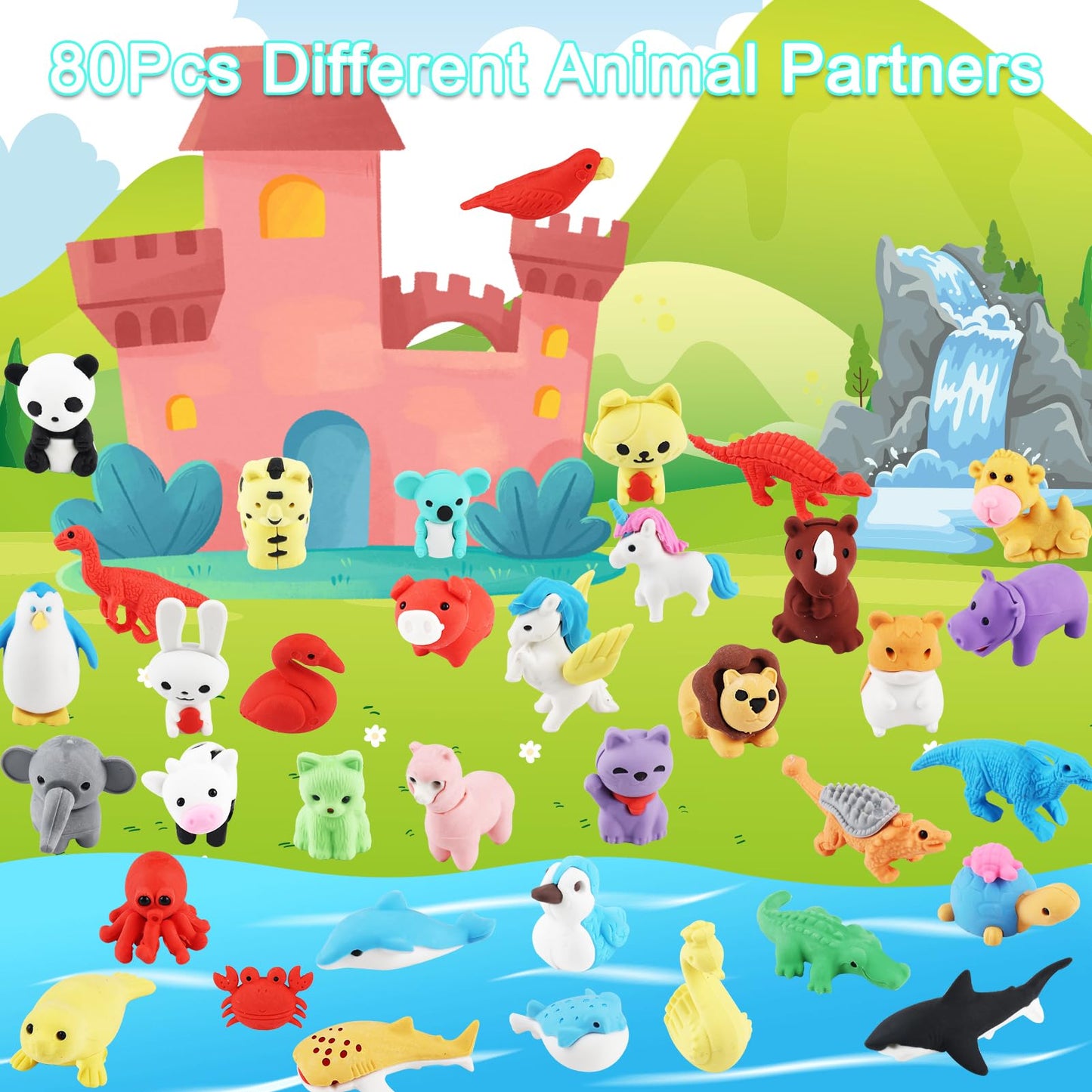 URSKYTOUS 80Pcs Animal Erasers – 3D Puzzle Pencil Erasers for Classrooms