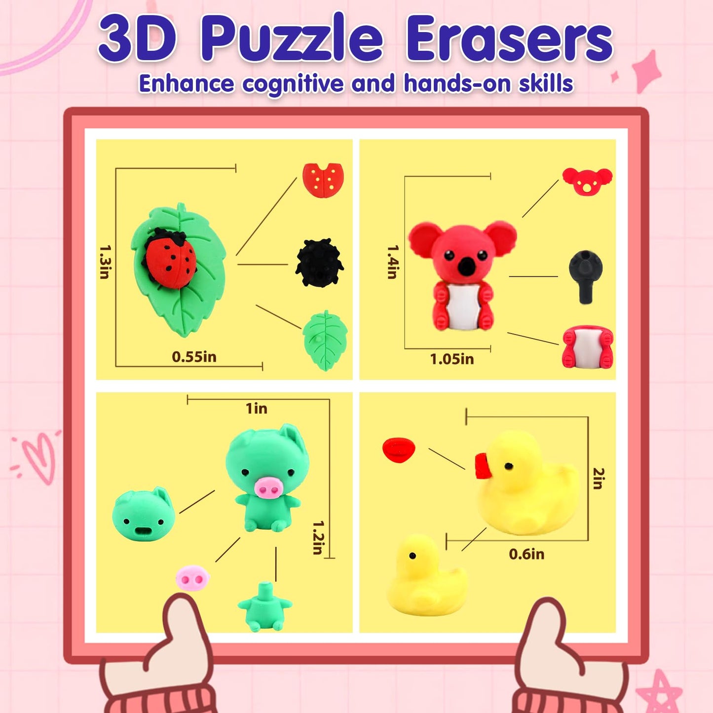 URSKYTOUS 34Pcs Animal Erasers Bulk | Puzzle 3D Take-Apart Desk Pets for Kids