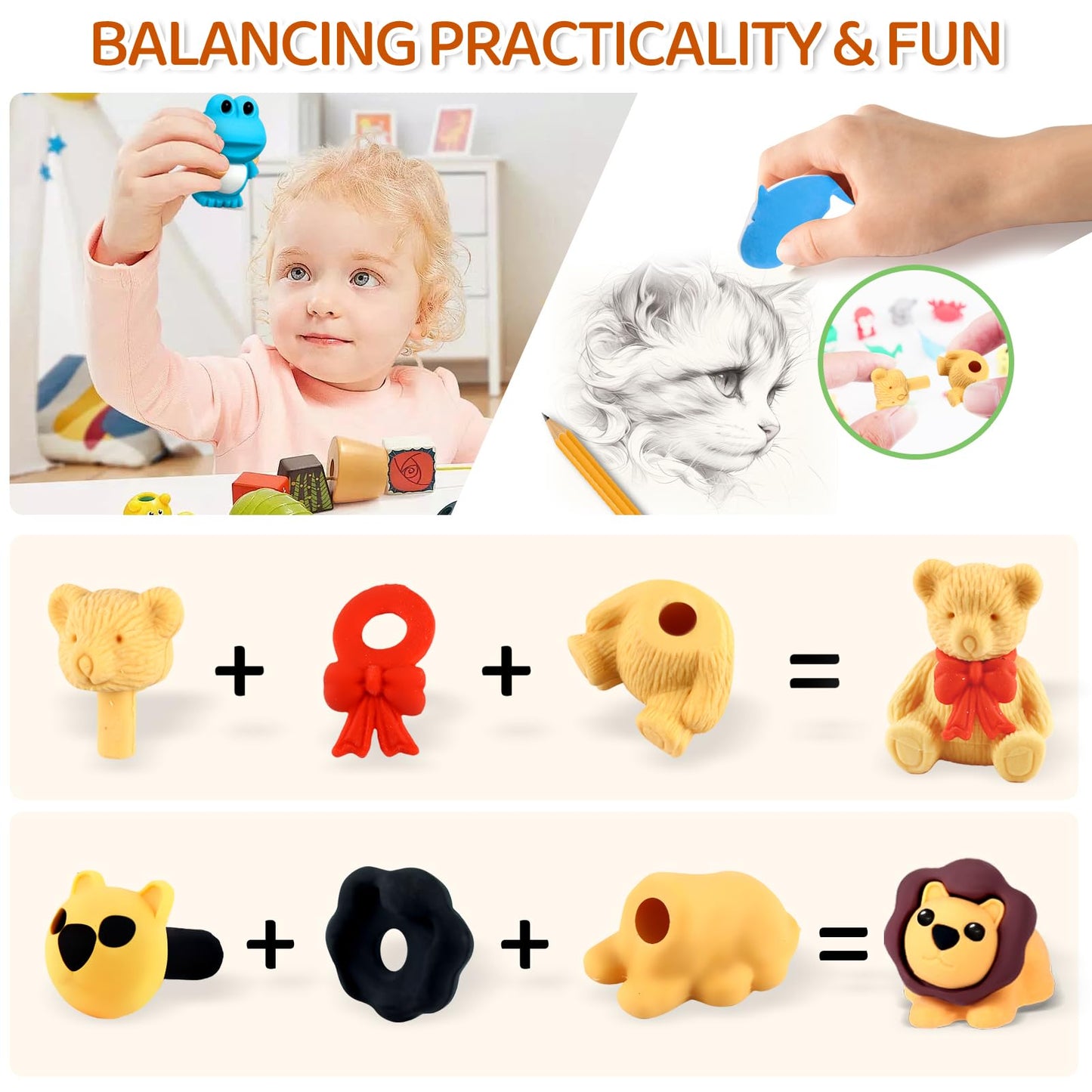 URSKYTOUS 36Pcs Animal Erasers — 3D Puzzle Pencil Erasers for Kids, Classroom Rewards, Party Favors