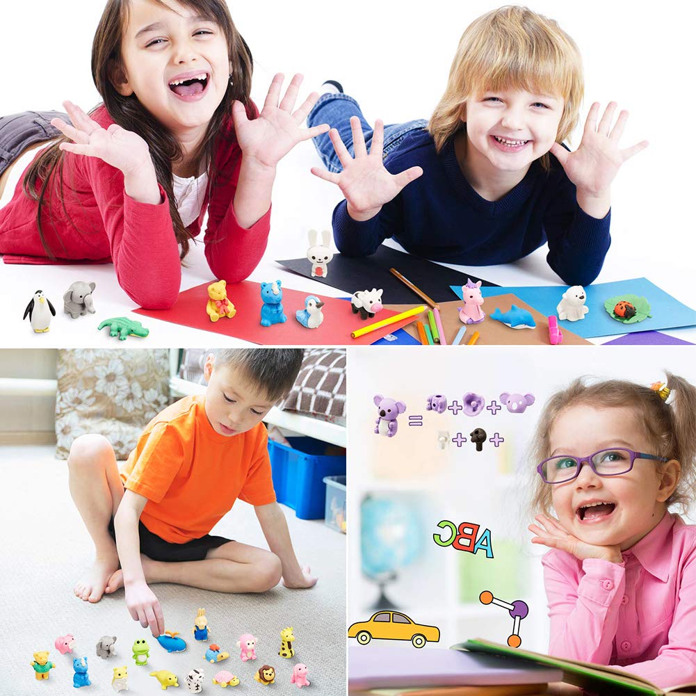 URSKYTOUS 46Pcs Animal Erasers Desk Pets – Puzzle Erasers, Party Favors & Classroom Prizes