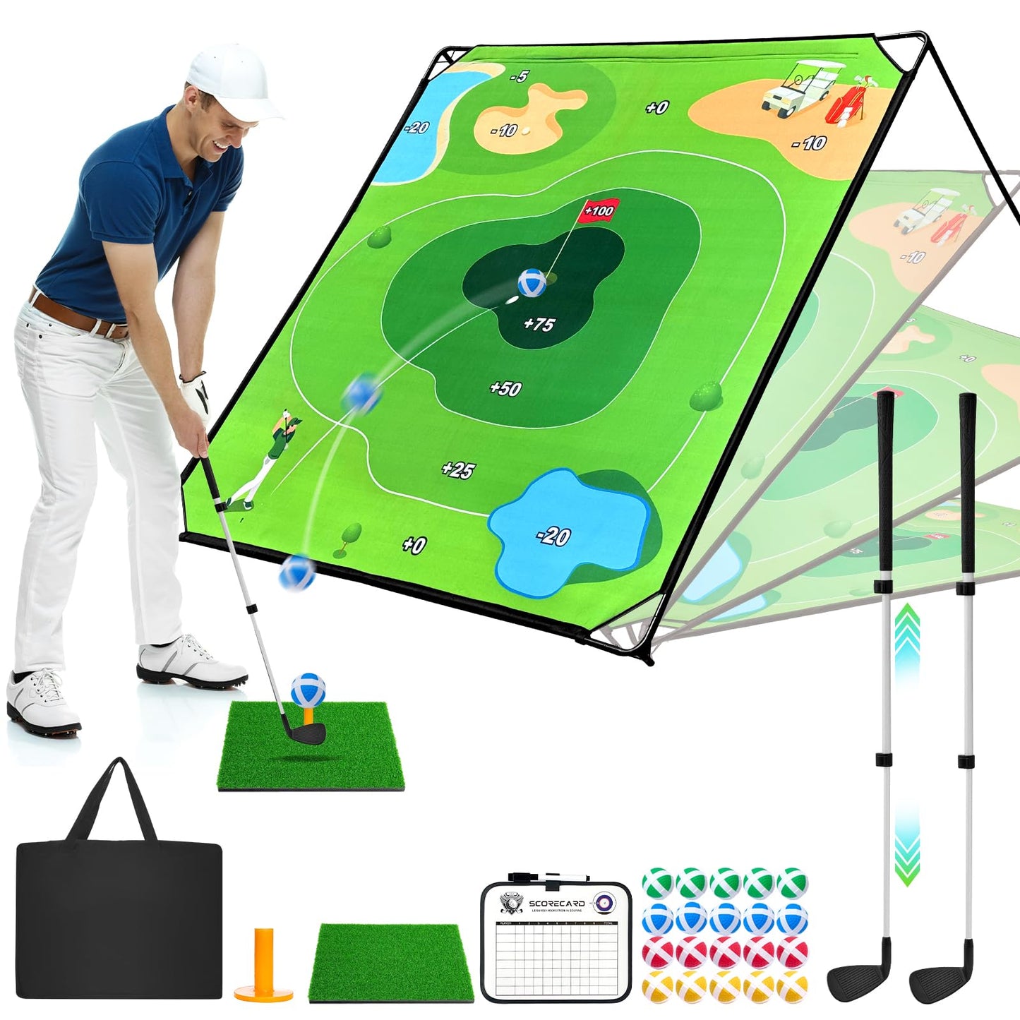 URUQ Golf Chipping Game with Large Target Mat | 2 Adjustable Upgraded Clubs, 20 Sticky Balls