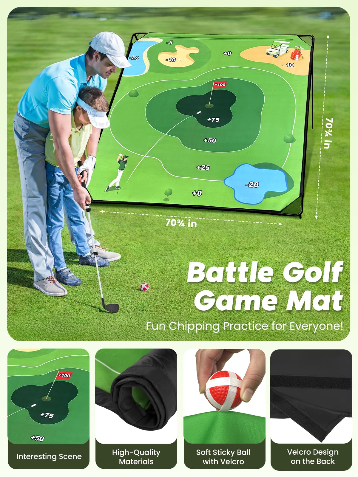 URUQ Golf Chipping Game with Large Target Mat | 2 Adjustable Upgraded Clubs, 20 Sticky Balls