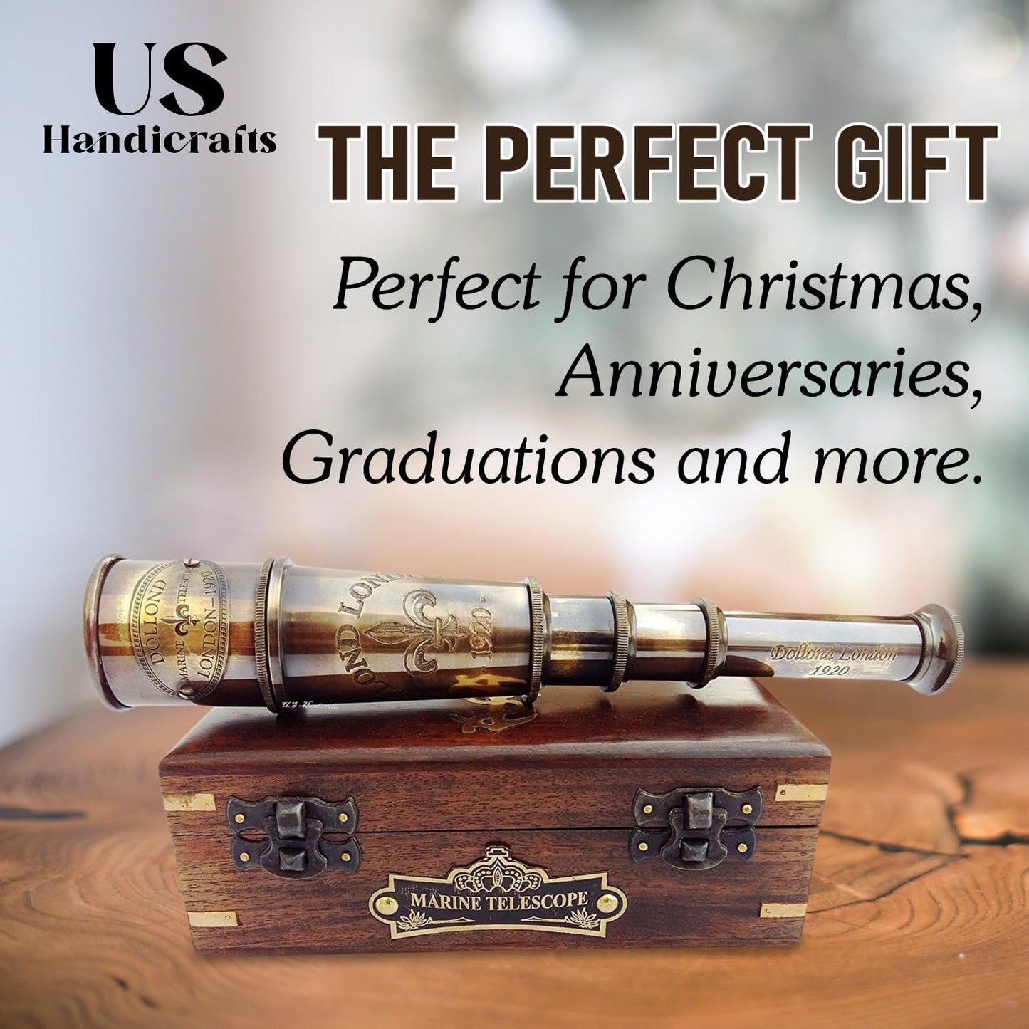 US HANDICRAFTS 1920 Marine Telescope – Vintage Brass Spyglass with Wooden Box | 15-Inch Antique Nautical Monocular